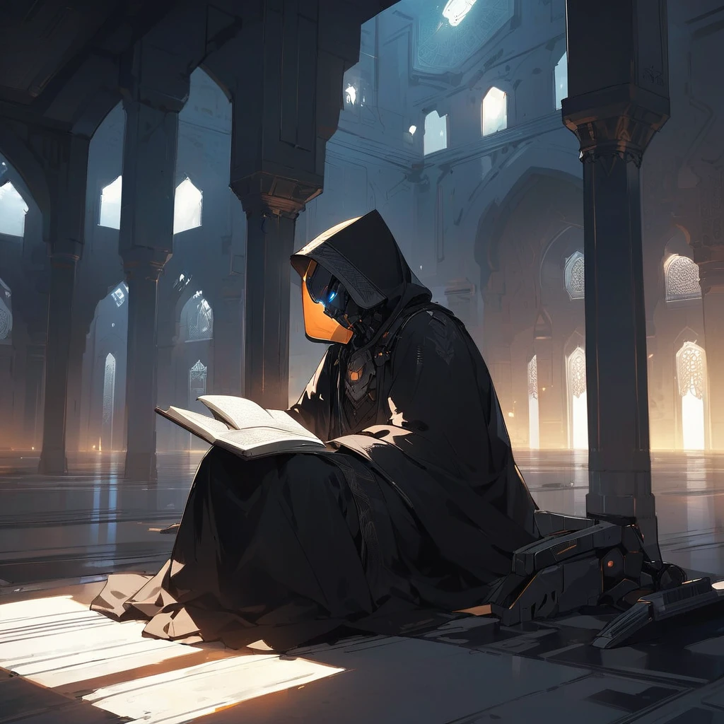 scull face sci fi robot men with dark robe hood sitting reading Quran in mosque. picture was side view. environtment was dark with evening light. look like wise and interligent. look mysterious. nobody around. clearly can see his scull face reading Quran. broad sword beside him on the floor. 