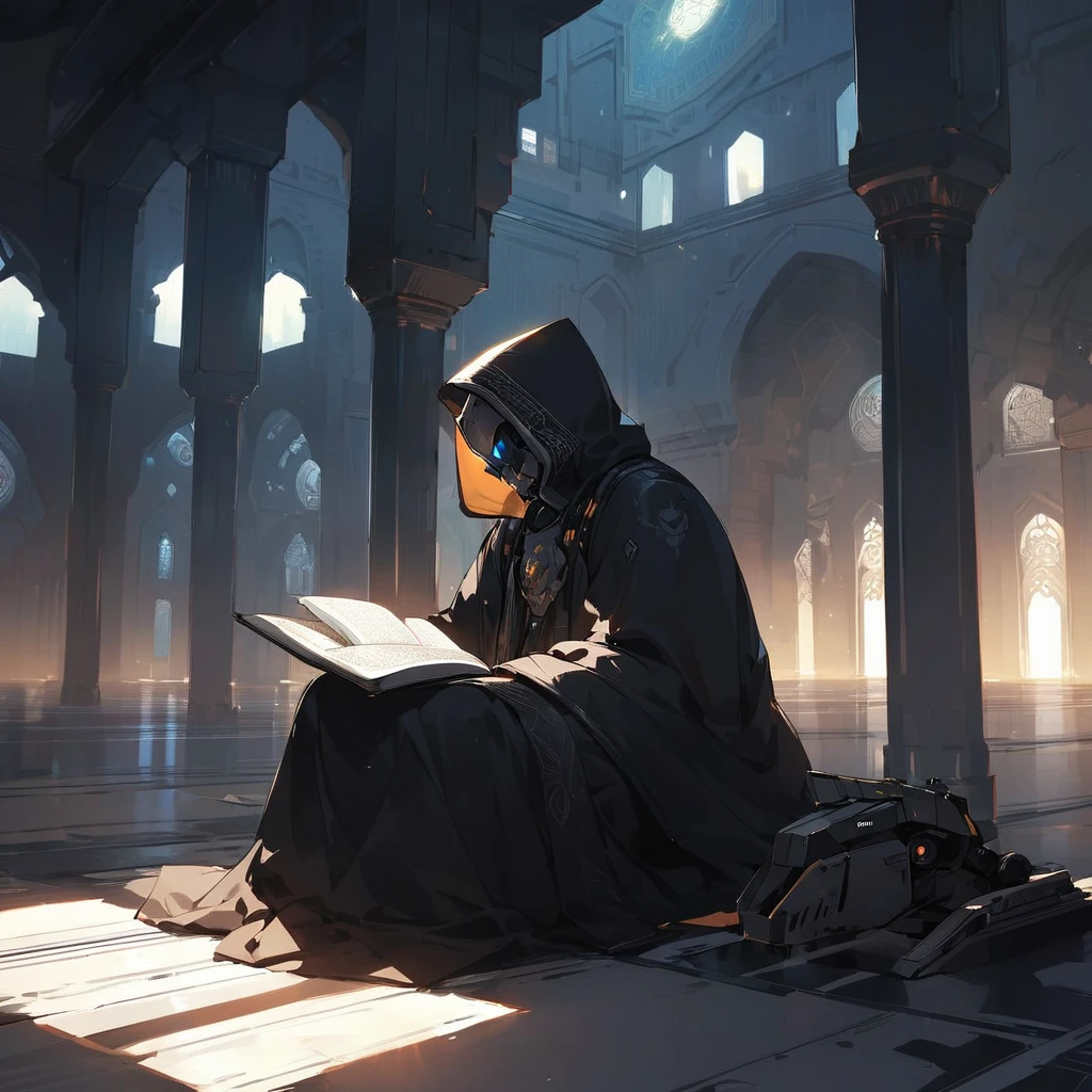 scull face sci fi robot men with dark robe hood sitting reading Quran in mosque. picture was side view. environtment was dark with evening light. look like wise and interligent. look mysterious. nobody around. clearly can see his scull face reading Quran. broad sword beside him on the floor.