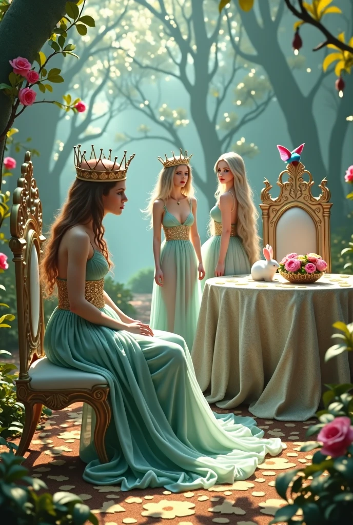 "A full-body shot of a realistic fairytale scene in a magical palace in a beautiful magical forrest bathed in sunlighting. Beautiful pastel colour pallette. A drunken fairy queen 1 with a careless expression, wearing a thin blue/green dress, sits in a thin white gold thrown holding a glass of wine.  Her rose-gold delicade fairy-crown, is tilted slightly to the left on her head 1:1. A Fairy queen 2 with golden-brown long curly hair in a thin light blue dress is standing by looking at fairy queen1 with staring eyes. Singing fairy3 with a long white hair in a sheer golden wet transparent dress outfit, big breasts, thin waist, big butt, looks provocative with her mouth at fairy queen 2 laughing, Elf king is sitting on a royal chair in a elfie chlothes. A white rapid sits in on a decorative dining table1:1, while a rainbow colored bird perches on the top of the thin thrown. The scene includes a messy fairy queens in a beautiful and magical forrest palace. The vast environment paints a magical but weird admosphere. 