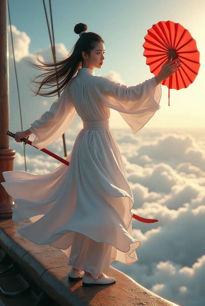 (masterpiece, best quality, beauty, best ratio, best shadows,best Illustration)
uhd,china female kungfu, korean beauty like tae yon, dancing, full face and posture fully visible, shining red eyes, windblown hair, wear white chong sam and traditional tai chi shoe, hoody,hand holding red chinese leaf fan and long sword,on the bow of the ship.bright sky and cloud seen on far away. use the RenderMan renderer.digital art. High definition, high contrast,high color saturation,128k,cinematic lighting, intricate,cinematic advertising photograph,cinema lens,high res.
Samsung Wallpaper size 1080×2400 pixels