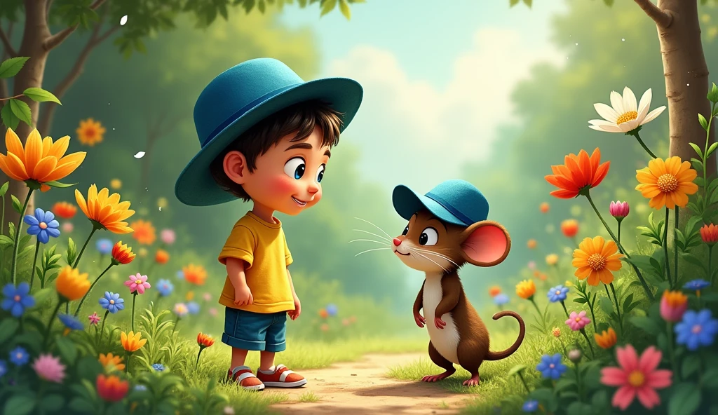 Illustrate Léo, the young boy in his yellow shirt and blue shorts, standing in the garden, talking to Remy, the mouse. Remy is adjusting his small, round blue hat with a brim and looking up at Léo with confidence. The garden remains lush and colorful, setting the stage for their adventure