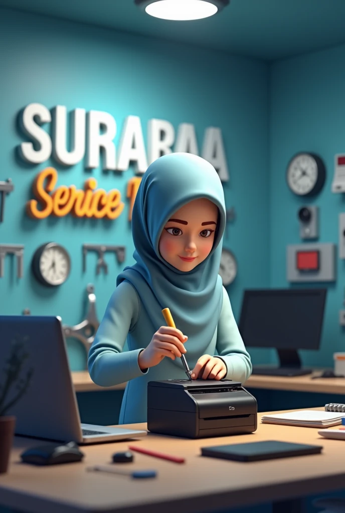  3D animation Good Technical Room with big text "Surabaya Service Center" in the wall 
With a hijabi technichian in front of the laptop and beside many part hold the screw driver for repair broken mini printer