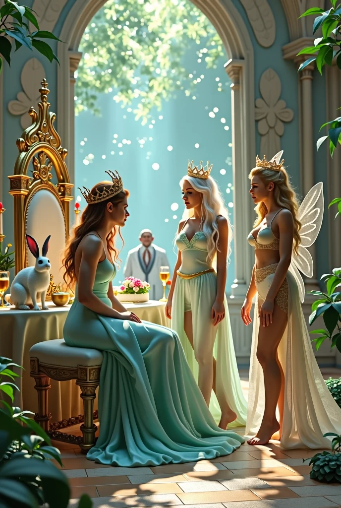 "A full-body shot of a realistic fairytale scene in a magical palace in a beautiful magical forrest bathed in sunlighting. Beautiful pastel colour pallette. A drunken fairy queen 1 with a careless expression, wearing a thin blue/green dress, sits in a thin white gold thrown holding a glass of wine. Her rose-gold delicade fairy-crown, is tilted slightly to the left on her head 1:1. A Fairy queen 2 with golden-brown long curly hair in a thin light blue dress is standing by looking at fairy queen1 with staring eyes. Singing fairy3 with a long white hair in a sheer golden wet transparent dress outfit, big breasts, thin waist, big butt, looks provocative with her mouth at fairy queen 2 laughing, Elf king is sitting on a royal chair in a elfie chlothes. A white rapid sits in on a decorative dining table1:1, while a rainbow colored bird perches on the top of the thin thrown. The scene includes a messy fairy queens in a beautiful and magical forrest palace. The vast environment paints a magical but weird admosphere.
