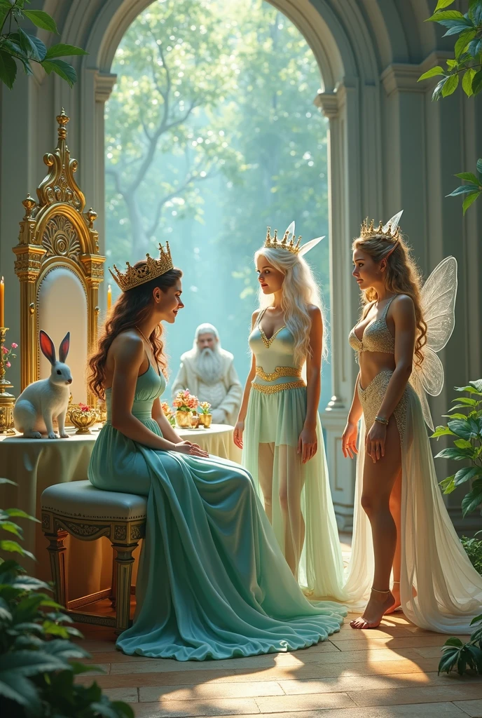 "A full-body shot of a realistic fairytale scene in a magical palace in a beautiful magical forrest bathed in sunlighting. Beautiful pastel colour pallette. A drunken fairy queen 1 with a careless expression, wearing a thin blue/green dress, sits in a thin white gold thrown holding a glass of wine. Her rose-gold delicade fairy-crown, is tilted slightly to the left on her head 1:1. A Fairy queen 2 with golden-brown long curly hair in a thin light blue dress is standing by looking at fairy queen1 with staring eyes. Singing fairy3 with a long white hair in a sheer golden wet transparent dress outfit, big breasts, thin waist, big butt, looks provocative with her mouth at fairy queen 2 laughing, Elf king is sitting on a royal chair in a elfie chlothes. A white rapid sits in on a decorative dining table1:1, while a rainbow colored bird perches on the top of the thin thrown. The scene includes a messy fairy queens in a beautiful and magical forrest palace. The vast environment paints a magical but weird admosphere.