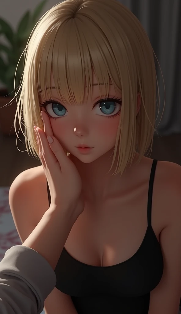 A submissive woman ((kneeling on the floor)) is looking at me while in first person view I caress her face, She has short straight blonde hair, being a natural blonde with bangs on her forehead and blue eyes. She wears a simple black outfit. ((First person view)) as if I myself was standing in front of her stroking her face, I see my arm stretched out and my hand caressing her face as she rests her face on my hand to feel my caresses, she has a satisfied expression with a small sweet smile.