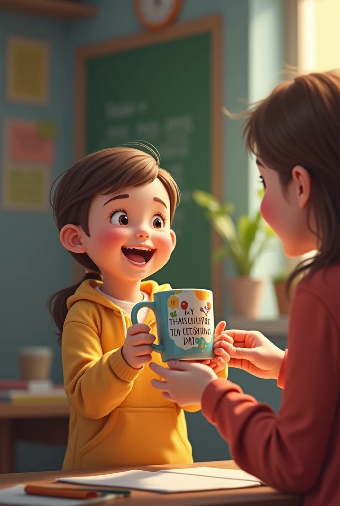Child giving teacher a gift,with a teachers day mug.