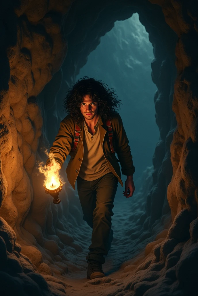 A twenty-five-year-old man, with black hair, curly and long to the shoulders. green eyes. walks through a dark cave with a torch in his hand