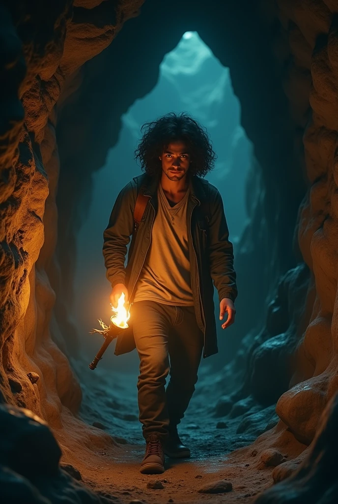 A twenty-five-year-old man, with black hair, curly and long to the shoulders. green eyes. walks through a dark cave with a torch in his hand