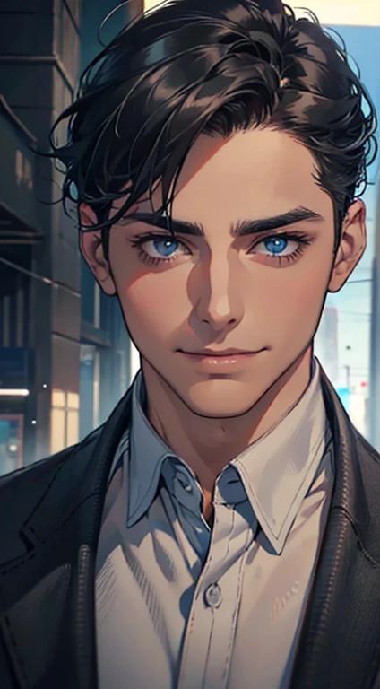 a man with short grey Black hair, blue eyes, 31 years, and a perfect face, smiling in love, CEO, cinematic lighting, 1:4 HDR image, top view, ultra detailed, best quality, masterpiece, 8K, photorealistic, beautiful image