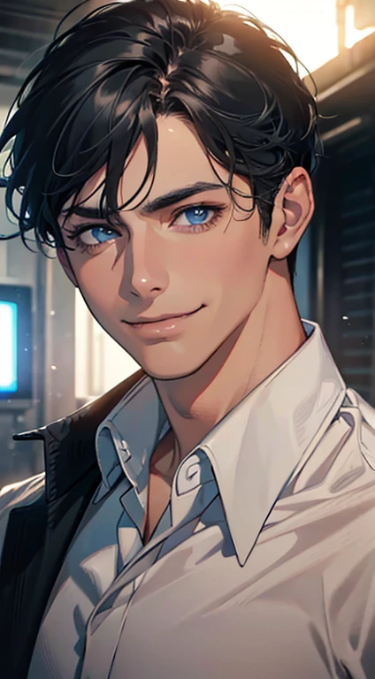 a mature man with short grey Black hair, blue eyes, 31 years, and a perfect face, smiling in love, CEO, cinematic lighting, 1:4 HDR image, top view, ultra detailed, best quality, masterpiece, 8K, photorealistic, beautiful image