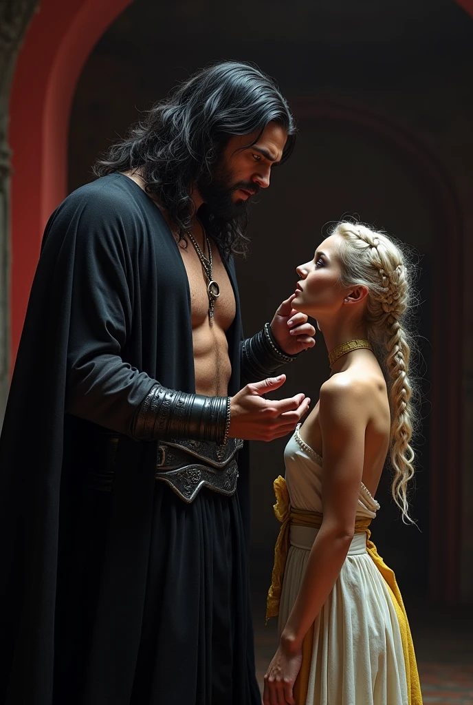 Dark man with yellow eyes and long, wavy, messy black hair. Wearing a black cape and dark metal belt...I know my strong chest is exposed.
In front of you is a blonde woman with her hair tied up high with some braids.. She wears a feminine monk style outfit.. They are both in a black and red room.