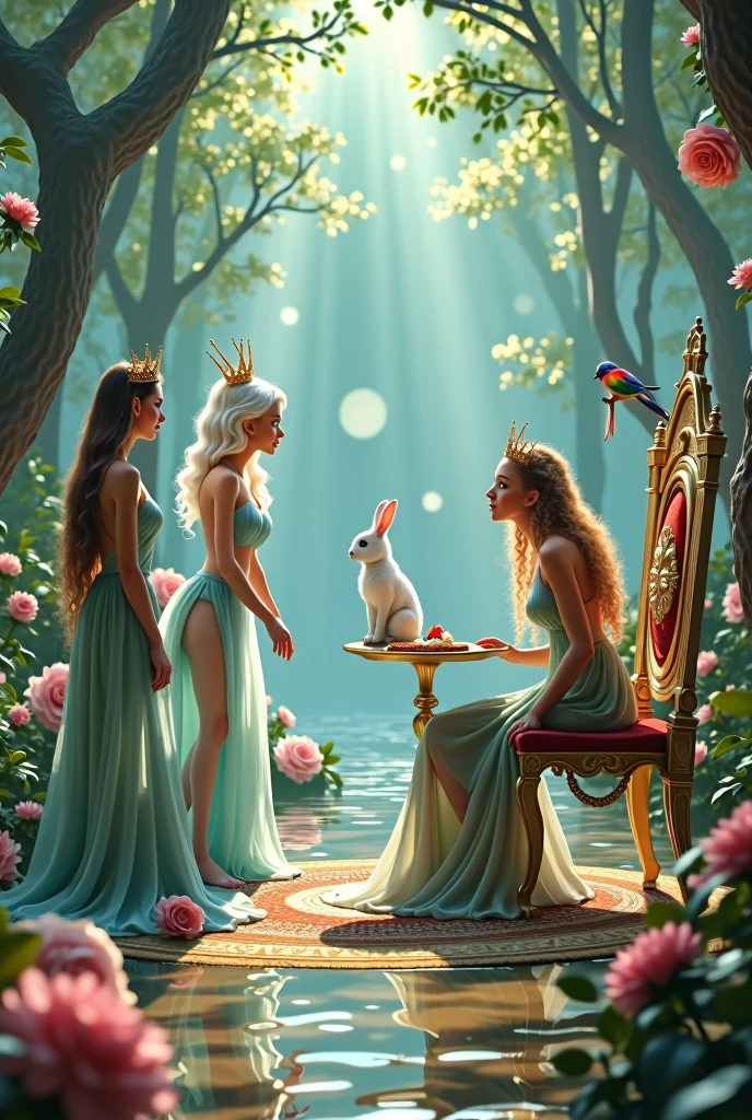 "A full-body shot of a realistic fairytale scene in a magical palace in a beautiful magical forrest bathed in sunlighting. Beautiful pastel colour pallette. A drunken fairy queen 1 with a careless expression, wearing a thin blue/green dress, sits in a thin white gold thrown holding a glass of wine. Her rose-gold delicade fairy-crown, is tilted slightly to the left on her head 1:1. A Fairy queen 2 with golden-brown long curly hair in a thin light blue dress is standing by looking at fairy queen1 with staring eyes. Singing fairy3 with a long white hair in a sheer golden wet transparent dress outfit, big breasts, thin waist, big butt, looks provocative with her mouth at fairy queen 2 laughing, Elf king is sitting on a royal chair in a elfie chlothes. A white rapid sits in on a decorative dining table1:1, while a rainbow colored bird perches on the top of the thin thrown. The scene includes a messy fairy queens in a beautiful and magical forrest palace. The vast environment paints a magical but weird admosphere.