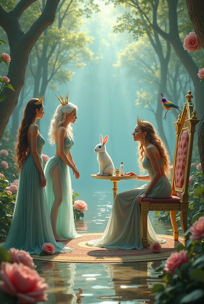 "A full-body shot of a realistic fairytale scene in a magical palace in a beautiful magical forrest bathed in sunlighting. Beautiful pastel colour pallette. A drunken fairy queen 1 with a careless expression, wearing a thin blue/green dress, sits in a thin white gold thrown holding a glass of wine. Her rose-gold delicade fairy-crown, is tilted slightly to the left on her head 1:1. A Fairy queen 2 with golden-brown long curly hair in a thin light blue dress is standing by looking at fairy queen1 with staring eyes. Singing fairy3 with a long white hair in a sheer golden wet transparent dress outfit, big breasts, thin waist, big butt, looks provocative with her mouth at fairy queen 2 laughing, Elf king is sitting on a royal chair in a elfie chlothes. A white rapid sits in on a decorative dining table1:1, while a rainbow colored bird perches on the top of the thin thrown. The scene includes a messy fairy queens in a beautiful and magical forrest palace. The vast environment paints a magical but weird admosphere.