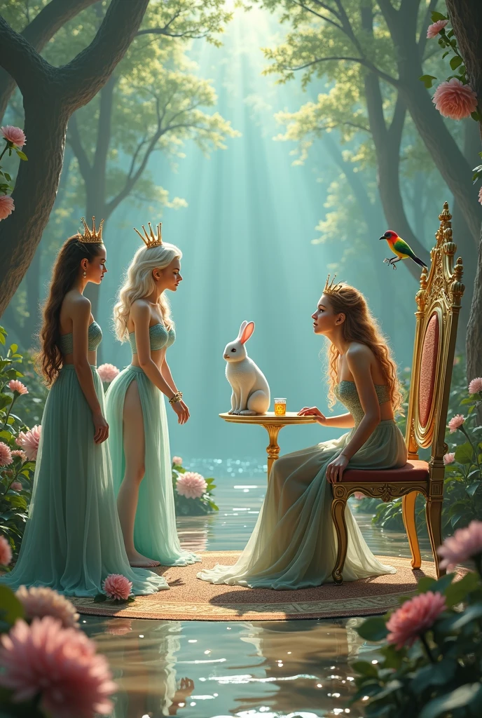 "A full-body shot of a realistic fairytale scene in a magical palace in a beautiful magical forrest bathed in sunlighting. Beautiful pastel colour pallette. A drunken fairy queen 1 with a careless expression, wearing a thin blue/green dress, sits in a thin white gold thrown holding a glass of wine. Her rose-gold delicade fairy-crown, is tilted slightly to the left on her head 1:1. A Fairy queen 2 with golden-brown long curly hair in a thin light blue dress is standing by looking at fairy queen1 with staring eyes. Singing fairy3 with a long white hair in a sheer golden wet transparent dress outfit, big breasts, thin waist, big butt, looks provocative with her mouth at fairy queen 2 laughing, Elf king is sitting on a royal chair in a elfie chlothes. A white rapid sits in on a decorative dining table1:1, while a rainbow colored bird perches on the top of the thin thrown. The scene includes a messy fairy queens in a beautiful and magical forrest palace. The vast environment paints a magical but weird admosphere.