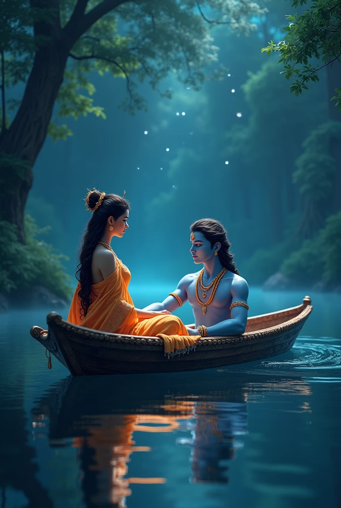 Create a picture about a beautiful girl called Saranya who is sitting in a little boat with Lord Krishna, Hindu Supreme God. The boat in the river. The sky is filled with stars.