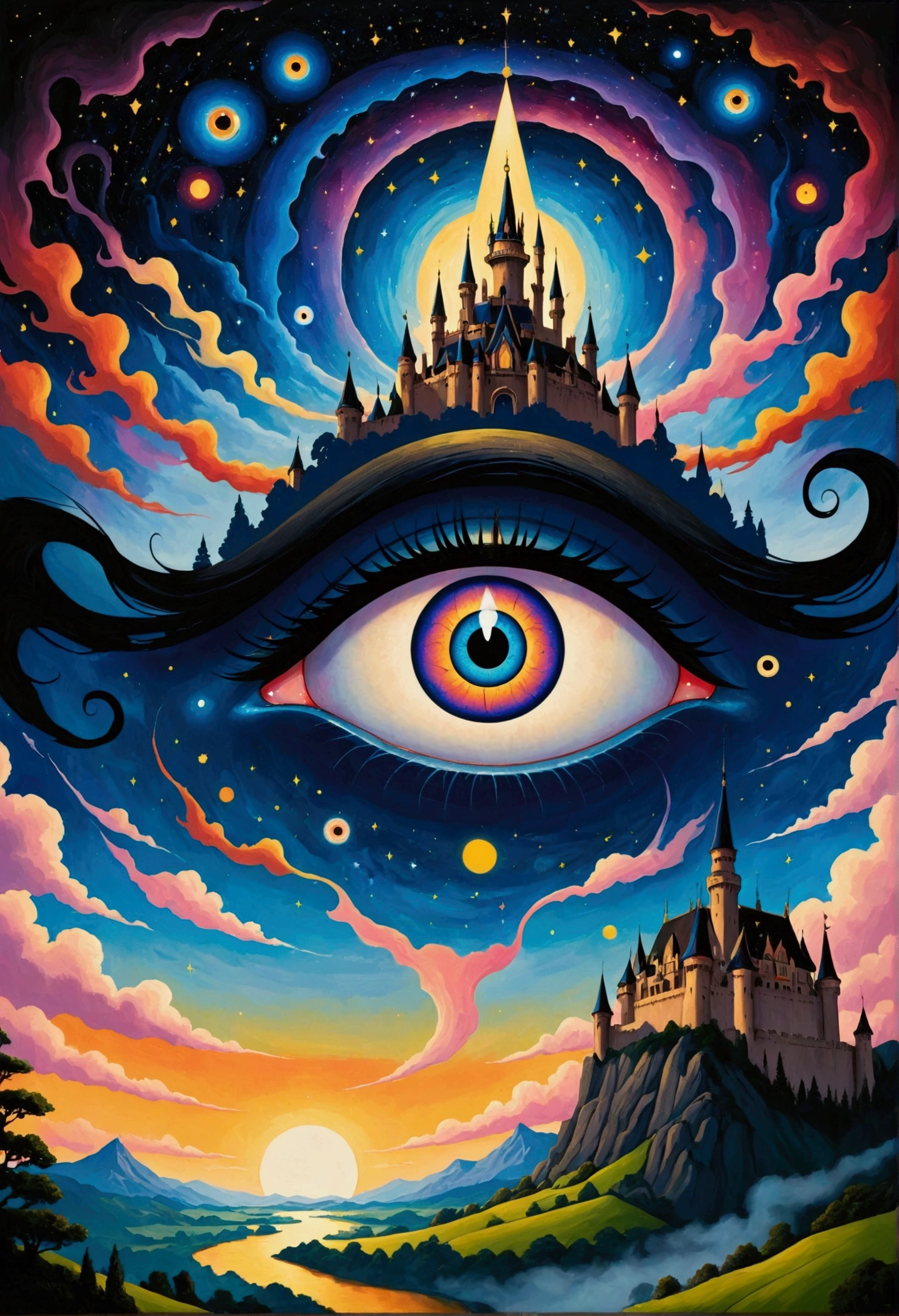 There is a big eye in the painting,There is a castle in the background, Colorful black,Starry Sky,Surrealism inspired by Nagai Hiroshi, Winner of the Behance competition, Minimalism, Portrait of a mysterious giant eye, All-Seeing Eye, Third Eye Vision, Fred Tomaselli, Paul Lafley, Fantasy painting, Mysterious eyes, The Third Eye, Highly detailed fantasy art, Mysterious Eye