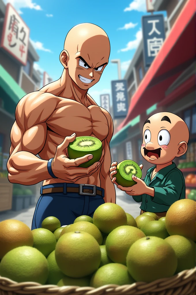 Krillin from Dragon Ball Super in his best pose selling Kiwis to Master Chen from the anime Ranma