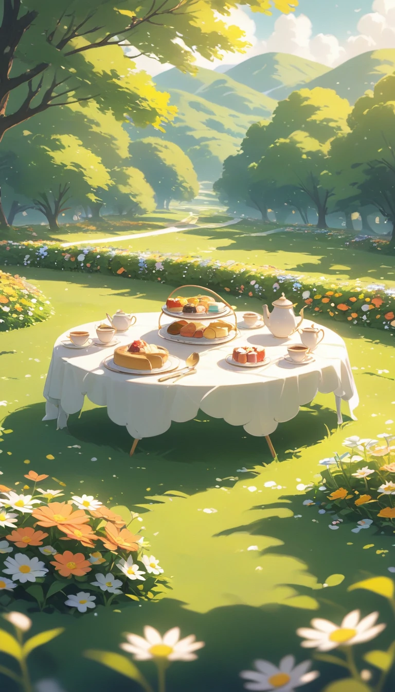 ultrawide landscape Afternoon Tea, Flower garden Cozy,Orange Pink ,picnic , There are no human characters,No people