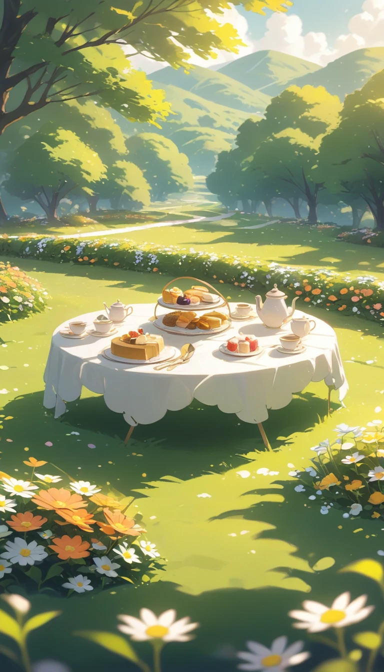 ultrawide landscape Afternoon Tea, Flower garden Cozy,Orange Pink ,picnic , There are no human characters,No people