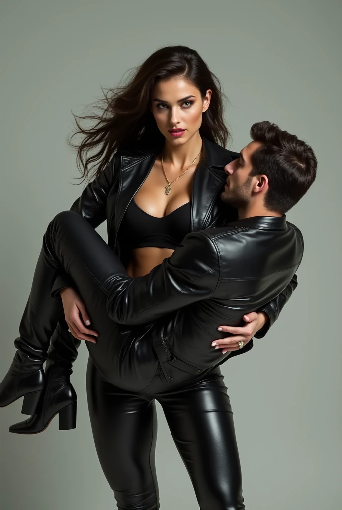 Nora fatehi in black leather jacket lifting and picking up a man in her arms