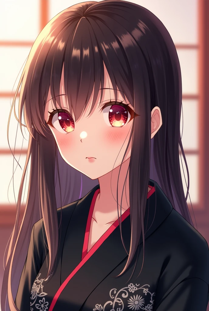 anime girl ,Bangs ,long hair,red eye ,Wearing a black kimono with a light pattern,smile