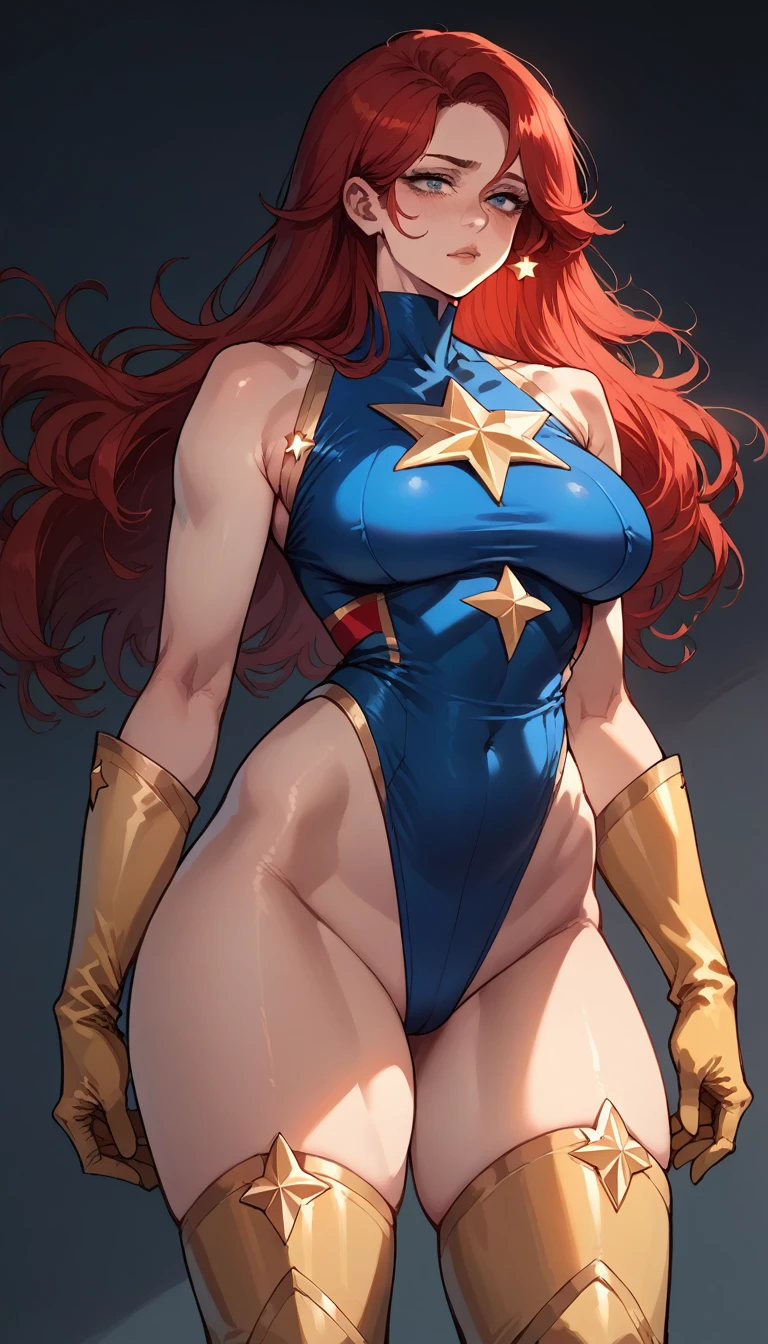 score_9, score_8_up, score_7_up, score_6_up, (((masterpiece))), (((Best Quality: 1.5))), Sexy, Superheroine, Red hair, long hair, busty, plump, curvy, ((blue highleg leotard with a t-back thong and a gold star insignia on chest)), gold boots, gold gloves,