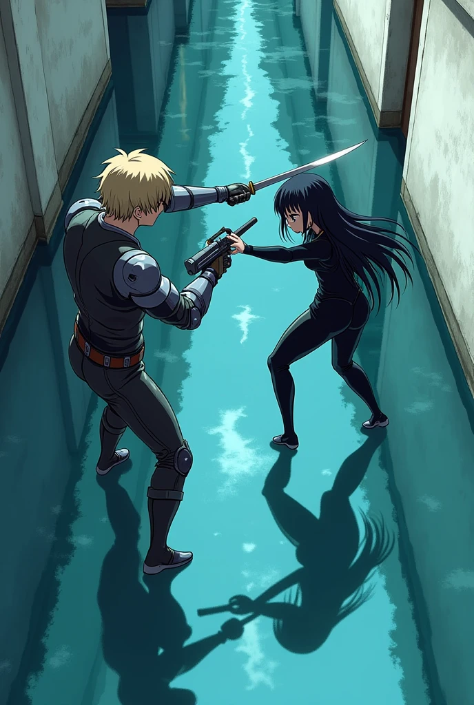 The image is anime style with shadows and dim lights, anime style although somewhat adult and dark, It shows a scene of a wide street with white walls., and whose soil, It&#39;s like crystal clear water, which perfectly reflects what happens on its surface. On that street a man with medium-length blond hair is fighting, wearing armor on his arms and holding a gun., fights against a single android with long black hair and a latex suit holding two swords in her hands. The image is focused from above, so you can barely see the fighters in question.