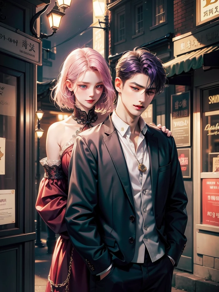 masterpiece, Top quality, Other 2, Couples, 1 person 1,, Adults, Height difference, Different fashion, Different colors, Delicate eyes and delicate face, Intricate details, Casual Clothing, Large-size shirt, Modern city street, Put your hands behind your back, a smile, happiness, tenderness, High level of image quality、 Beautiful man、High target、Hug from behind、Trying to kiss、window、dusk、Night view、art itself、Korean male, Idol photos, Korean Pop, Professional photos, vampire, Black and white Korean fashion, Federman (Fedman) Wearing a necklace, Inspired by Sim Sa-jeong, 雌雄同体的vampire, :9 Detailed Face: 8, The face is rich in detail, Detailed punk hairstyle, ((Work)) Eye bags, Tempting. Very detailed, semi realistic anime, vampire, Surreal Teenagers, Delicate hermaphroditic prince, A sheep, Short hair above the ears, Short hair man, Woman with long hair, The man's expression was fierce,Woman with gentle expression, and a short-haired man with bright purple hair, Woman with very long pink hair
