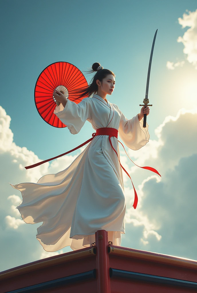 (masterpiece, best quality, beauty, best ratio, best shadows,best Illustration)
uhd,china female kungfu, korean beauty like tae yon, dancing, full face and posture fully visible, shining red eyes, windblown hair, wear white chong sam and traditional tai chi shoe, hoody,hand holding red chinese leaf fan and long sword,on the bow of the ship.bright sky and cloud seen on far away. use the RenderMan renderer.digital art. High definition, high contrast,high color saturation,128k,cinematic lighting, intricate,cinematic advertising photograph,cinema lens,high res.
Samsung Wallpaper size 1080×2400 pixels