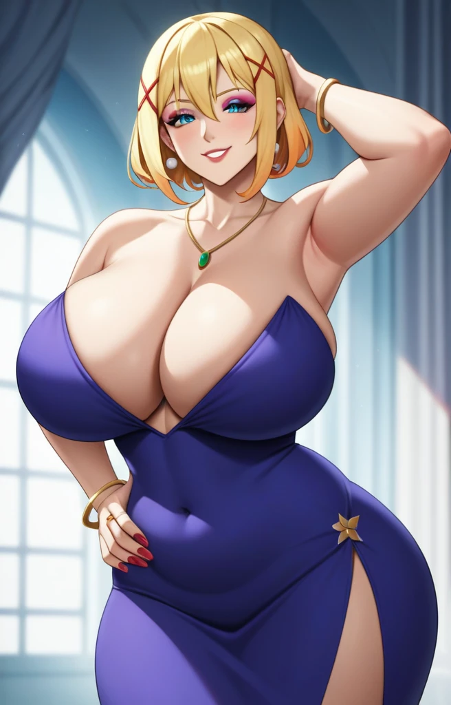 Darkness lalatina,konosuba,Big breast,Plump,Curvy figure,Golden bracelet,Half open eyes,((multi-strand necklace)),Big pearl earring,Mature,thin Classy dress,Cleavage,diamond Wedding ring,Enchanced breast,Cross hairpin,Corrupted noble,red color long nail,Queen anne cleavage,Blonde,Majestic mansion,1hand on hips,No bang hair,Noble rings,modern anime quality,Sleeve,Tight thights,Konosuba anime artstyle,Swaying hips,smile,Bob hair,light Eyeshadow,Cream Lipstic,flirty expression,Enchanched ass,Unnatural big breast,Detailed face,Hyper detail,Hyper quality,HRD