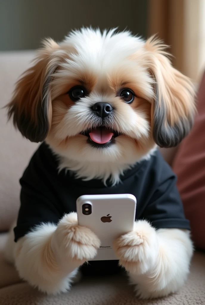create a realistic photo of a slightly smiling shitzu dog with a black t-shirt, sitting on the sofa looking at the latest generation white iPhone cell phone in his hands,