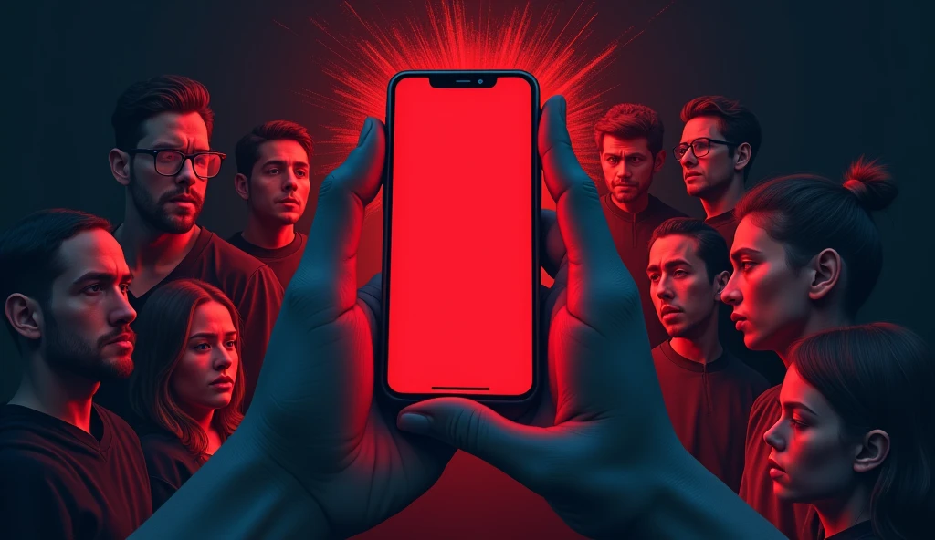 Create an extremely eye-catching and impactful video cover with the following theme: 'Cell phone: The New Generation's Cancer. The image should convey a sense of alertness and urgency.. Use a dark background with a cell phone in the center of the image, radiating red lights that resemble danger signals. Around the cell phone, include people with tired expressions, stress and alienation, all staring at the screen. Adicione o título 'Cell phone: The New Generation's Cancer em português em letras grandes, in bold, with a contrasting color (white or yellow) to highlight text. Use a modern and striking font, with eye-catching effects."