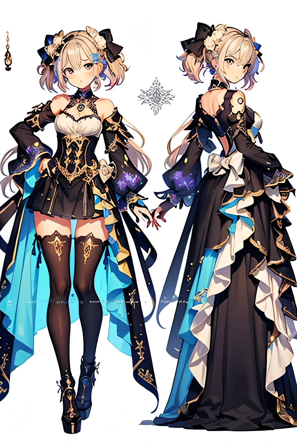 Character design for a anime centered on a plain white background. She comes from a steampunk fantasy dimension and is drawn from head to waist in a relaxed posture, positioned in the center of the image. She has silver twin-tailed hair intertwined with mechanical gears and accessories. One of her eyes is an odd eye, while the other appears mechanical. She wears a Victorian dress with metallic decorations, combining elegance with industrial elements. Her expression is intelligent and calm, reflecting her role as an ancient alchemist who fuses magic and machinery. The color scheme is primarily silver, bronze, and dark shades. Her hands are posed with both hands overlapping in front of her stomach. The character is the sole focus, with no additional elements or characters in the background or sides.