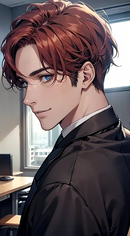 (Highest quality,4K,8K,High resolution,masterpiece:1.2),Super detailed,(Realistic,photoRealistic,photo-Realistic:1.37),1 personld,Mature Man,Beautiful skin、Profile、very handsome,Expressionless,smile,Short gray red hair,blue eyes,Sharp Eyes,A perfect face without a doubt,Businessman,Office Background,Cinema Lighting,HDR image,tie.