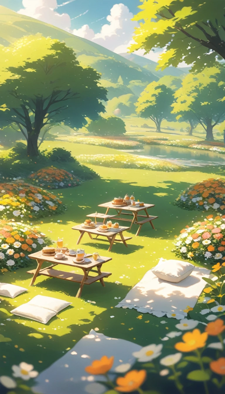 ultrawide landscape Afternoon Tea, Flower garden Cozy,Orange Pink ,picnic , There are no human characters,No people