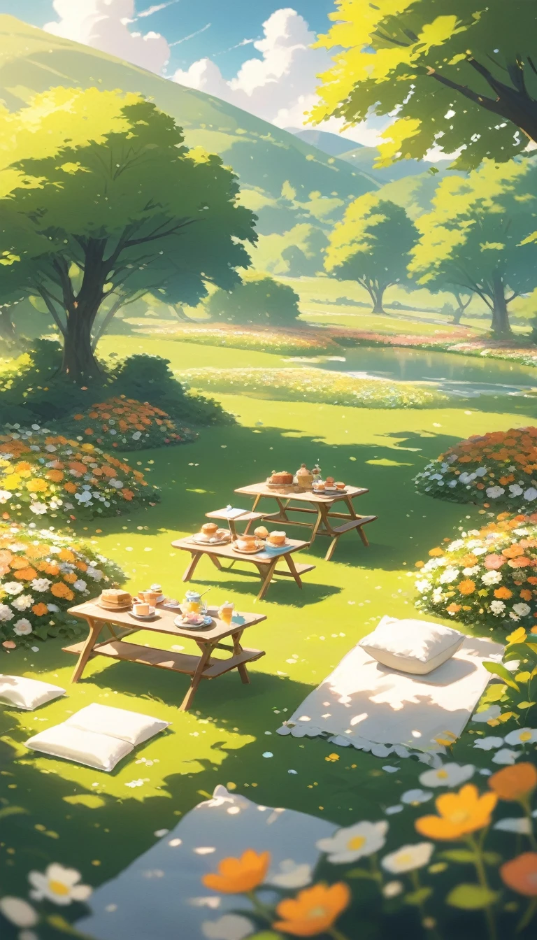 ultrawide landscape Afternoon Tea, Flower garden Cozy,Orange Pink ,picnic , There are no human characters,No people