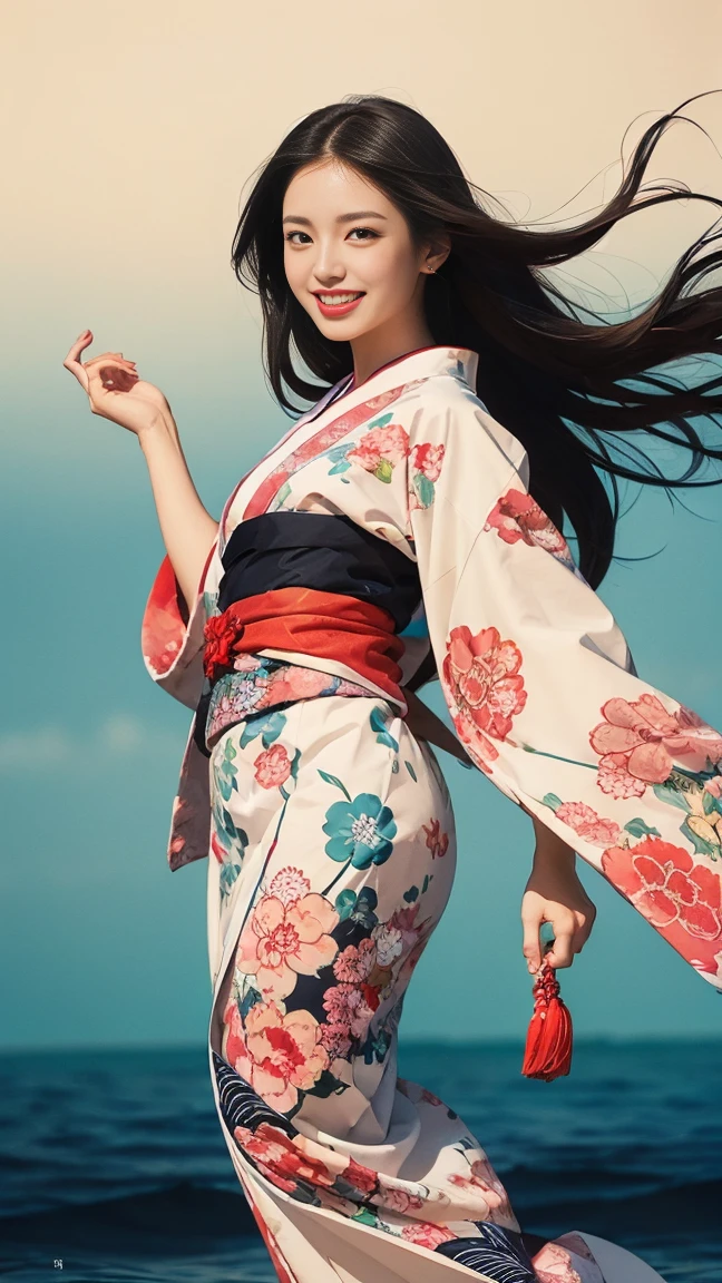 (SeaArt creates stunning illustrations of beautiful women in kimono)、Vividly colored Japanese Ukiyo-e style illustrations、A beautiful woman smiles and shows her upper white teeth、Brown-black long hair、Beautiful full body style、If you want to dance, let&#39;s dance, Tokyo Ondo, Yoi Yoi、Beautiful new digital paintings,、Bright vibrant digital anime art、 Beautiful anime portraits、background,Torii gate front of Japanese shrine、 Detailed digital anime art、