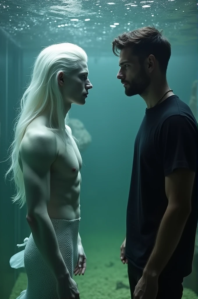 6'6 beautiful merman (male) with pale skin slim body and white long lushy hair and masculine dark face with long fishtail inside a water glass tank floating nd a 6'2 man, masculine hansome dark facial features standing on the other side with half buttons off from his black tshirt. They are looking at eachother 