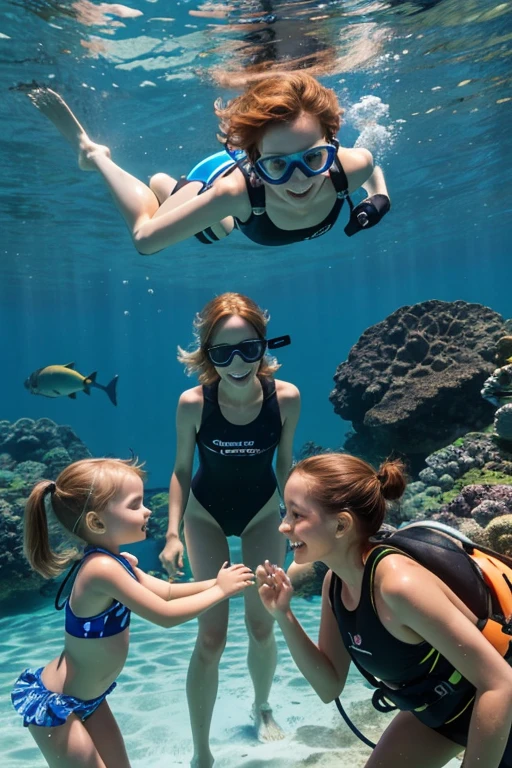 Happy skinny kids family scuba-diver sweden, with short ginger hair, dressed in light panties swimsuit, happy to pet fish, on a scorching summer day, in the lagoon on holidays.