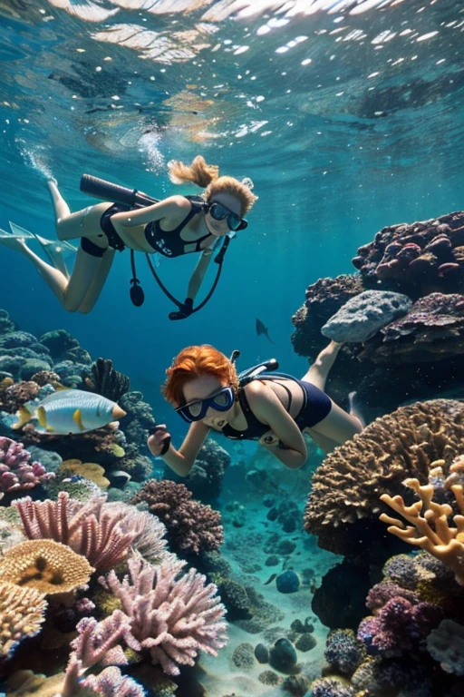 Happy skinny kids family scuba-diver sweden, with short ginger hair, dressed in light panties swimsuit, happy to pet fish, on a scorching summer day, in the lagoon on holidays.