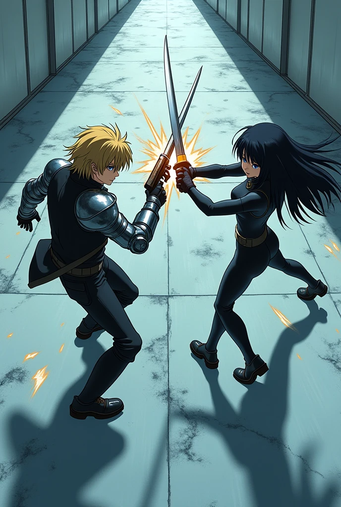 The image is anime style with shadows and dim lights, anime style although somewhat adult and dark, It shows a scene of a wide street with white walls., and whose soil, It's like crystal clear water, which perfectly reflects what happens on its surface. On that street a man with medium-length blond hair is fighting, wearing armor on his arms and holding a gun., fights against a single android with long black hair and a latex suit holding two swords in her hands. The image is focused from above, so you can barely see the fighters in question. The man's metal arm deflects a sword blow from the android and the shock wave destroys a wall