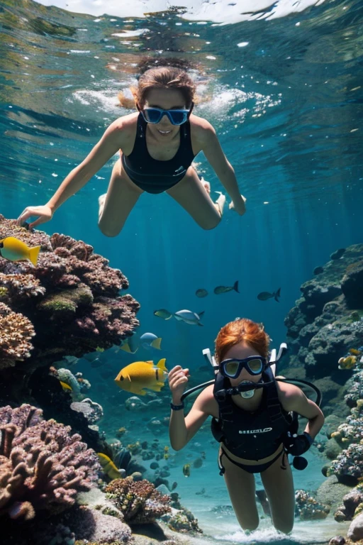 Happy skinny kids family scuba-diver sweden, with short ginger hair, dressed in light panties swimsuit, happy to pet fish, on a scorching summer day, in the lagoon on holidays.