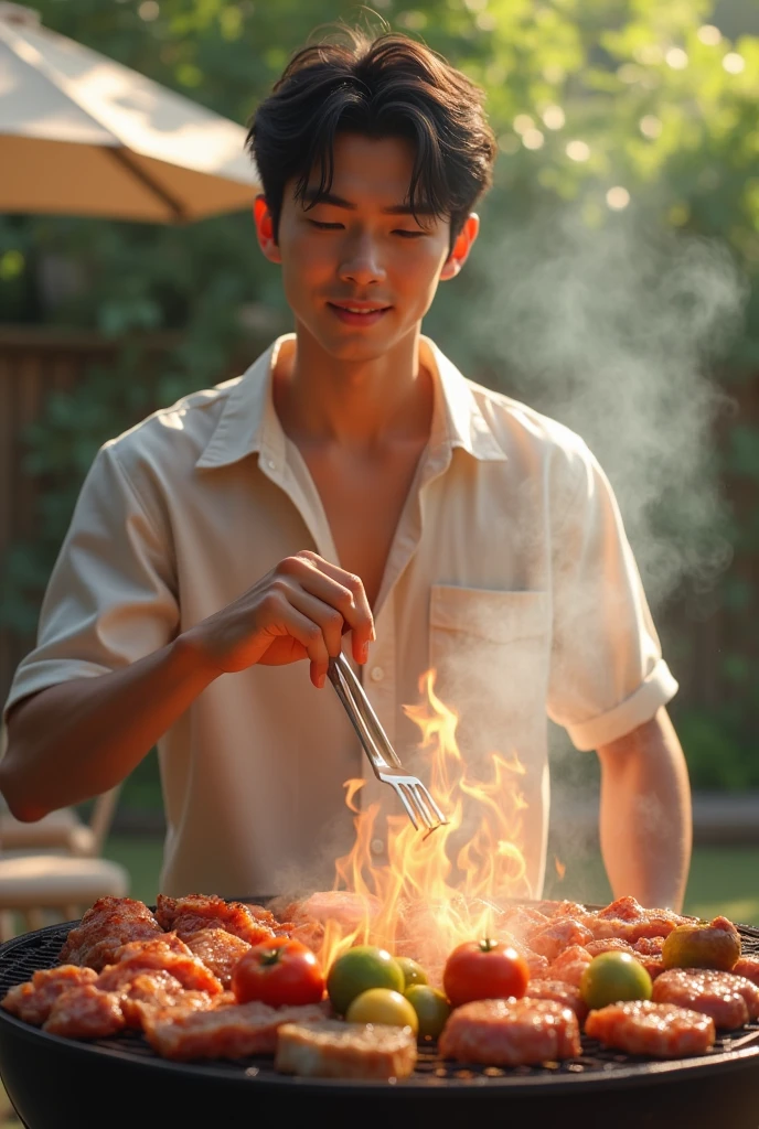 　Cute boy in his 20s　BBQ meat being grilled　Japanese　Sexy feeling　　
