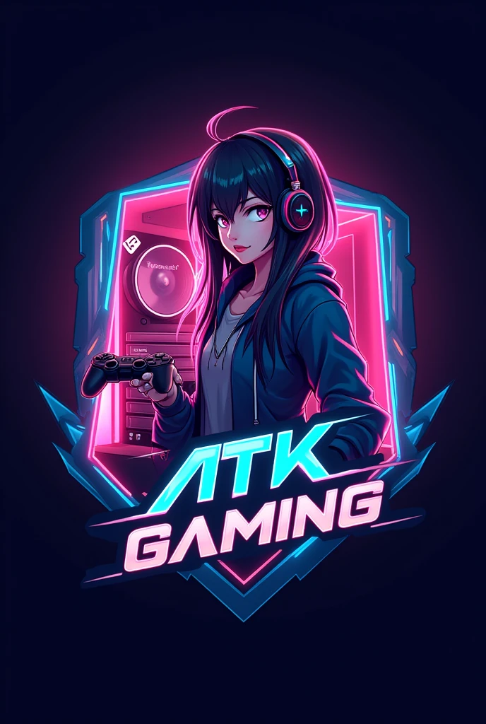 This is a gaming logo that features the name “ATK GAMING” in a futuristic font and a pink blue color. and Boy Anime avtar, The logo also has a stylized controller icon and a Gaming PC setup in the background. The logo is designed to be attractive and eye-catching, and to appeal to gaming enthusiasts and YouTube viewers. I hope you like it.