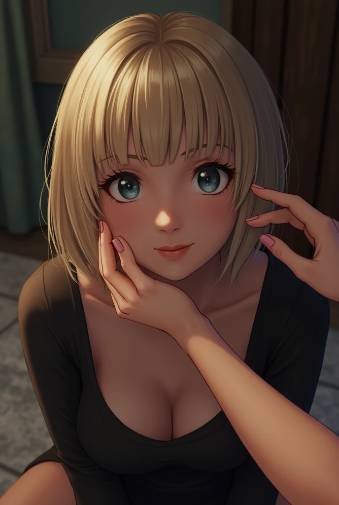 A submissive woman ((kneeling on the floor)) is looking at me while in first person view I caress her face, She has short straight blonde hair, being a natural blonde with bangs on her forehead and blue eyes. She wears a simple black outfit. ((First person view)) as if I myself was standing in front of her stroking her face, I see my arm stretched out and my hand caressing her face as she rests her face on my hand to feel my caresses, she has a satisfied expression with a small sweet smile.