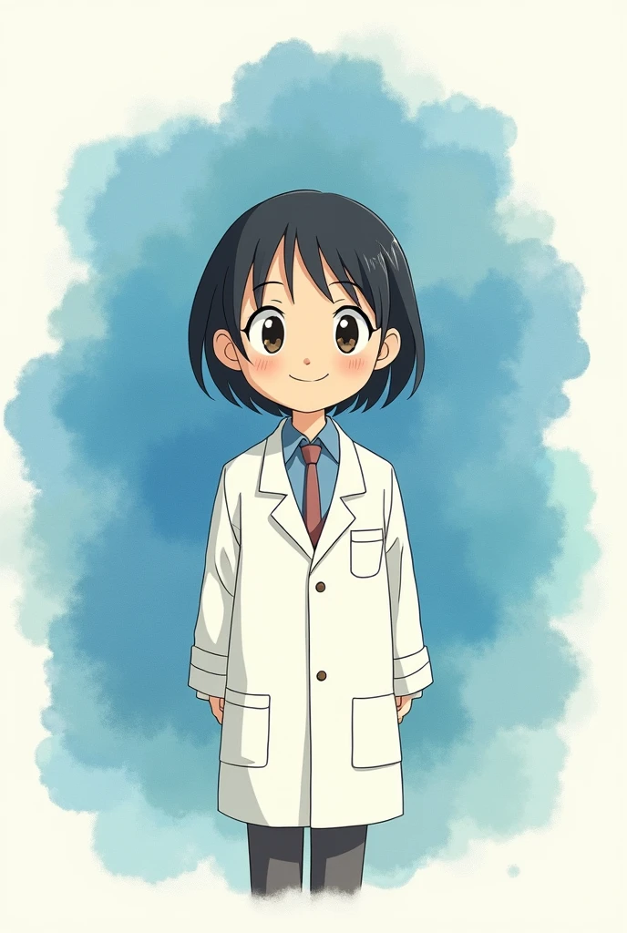 Hello, I want an animated image like Studio Ghibli of a psychologist with slanted eyes, young, smiling and tender. Let the image be full body and a watercolor in the shape of a blue cloud 