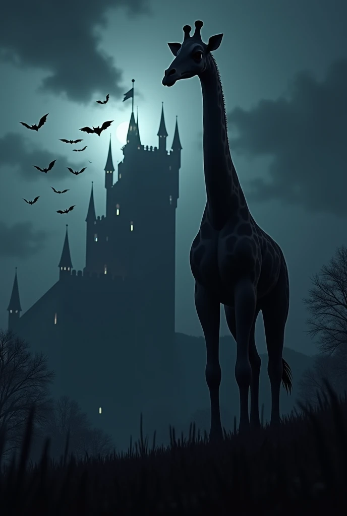 Giraffe is standing in front of that at night and make a realistic image like original giraffe and bat