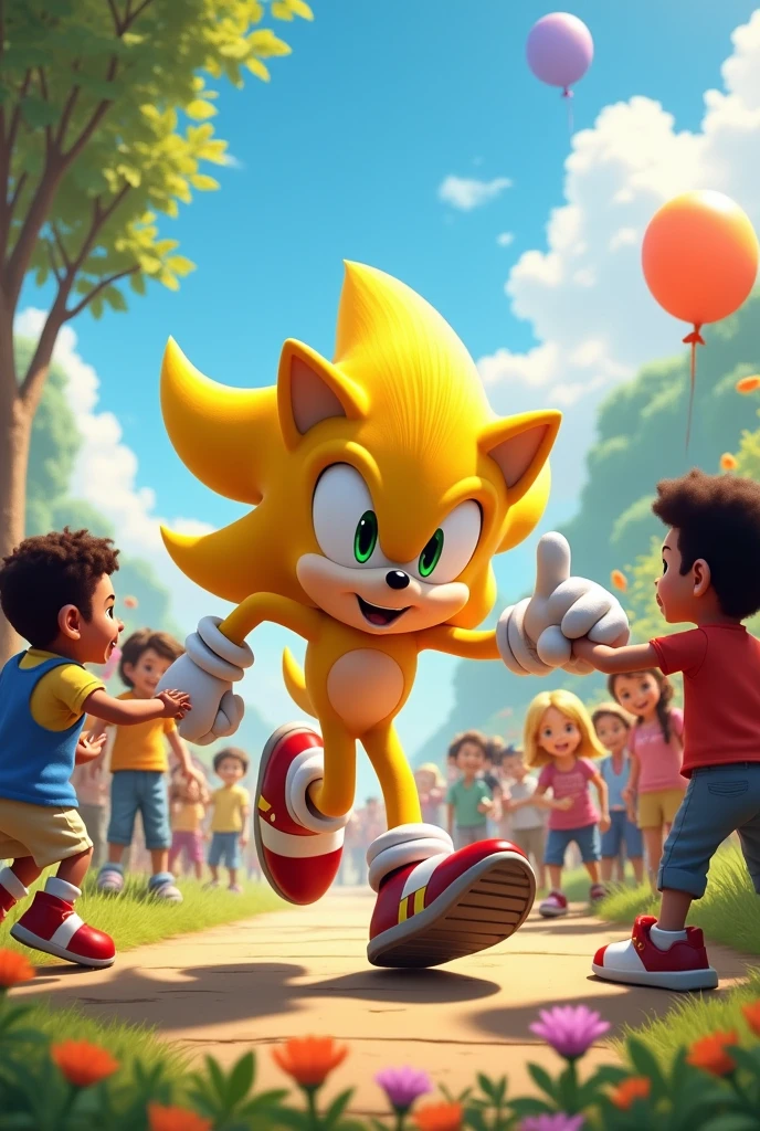 Yellow Sonic with kids and people