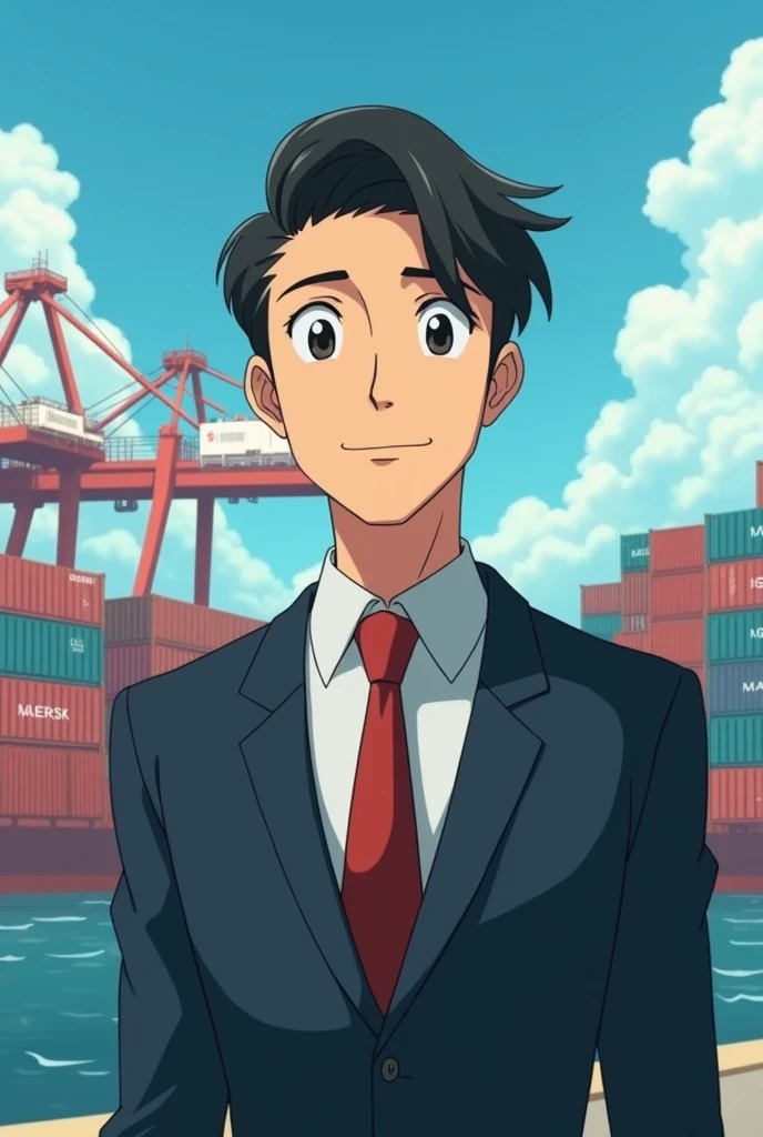 Hello, Give me a picture of a professional international business man, that he has black hair, side part hairstyle, approximately 28 years, and that it be in the Studio Ghibli style, with the DP World port with Maersk containers in the background, that the image is horizontal and full HD