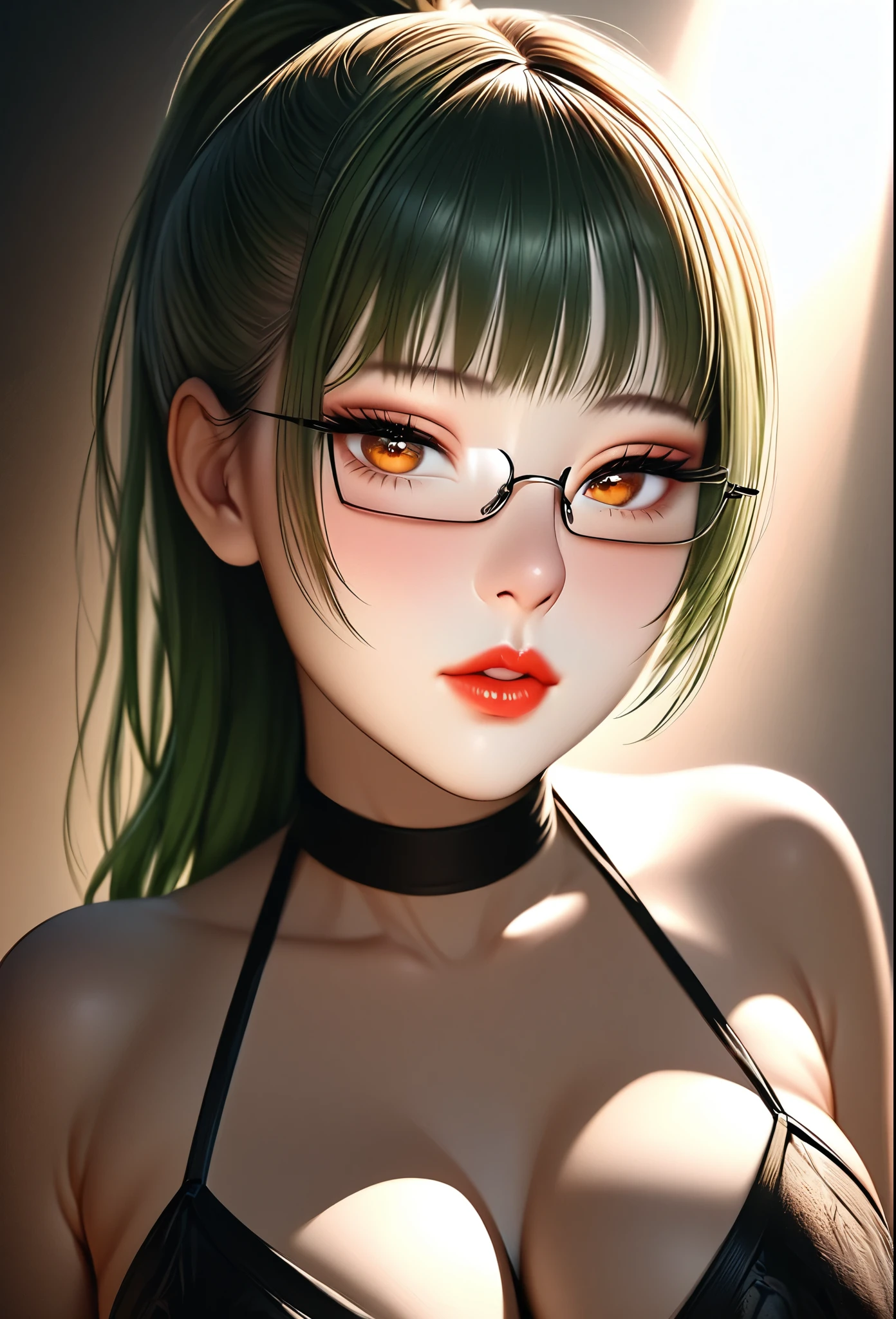 1girl, elegant erotic beautiful girl, ((long green hair with pony tail and straight bangs)), detailed face portrait, glasses, maxi dress, adultery, indecent, vulgar, (best quality,4k,8k,highres,masterpiece:1.2),ultra-detailed,(realistic,photorealistic,photo-realistic:1.37),intricate details, delicate facial features, beautiful amber eyes, ulzzang, long eyelashes, small nose, full lips, porcelain skin, natural lighting, warm color palette, chiaroscuro lighting, dramatic shadows, sensual, alluring, mature themes, artistic, dreamlike, ethereal, sideboob, cleavage, looking at viewer, ulzzang, (amber eyes), (close up face portrait),